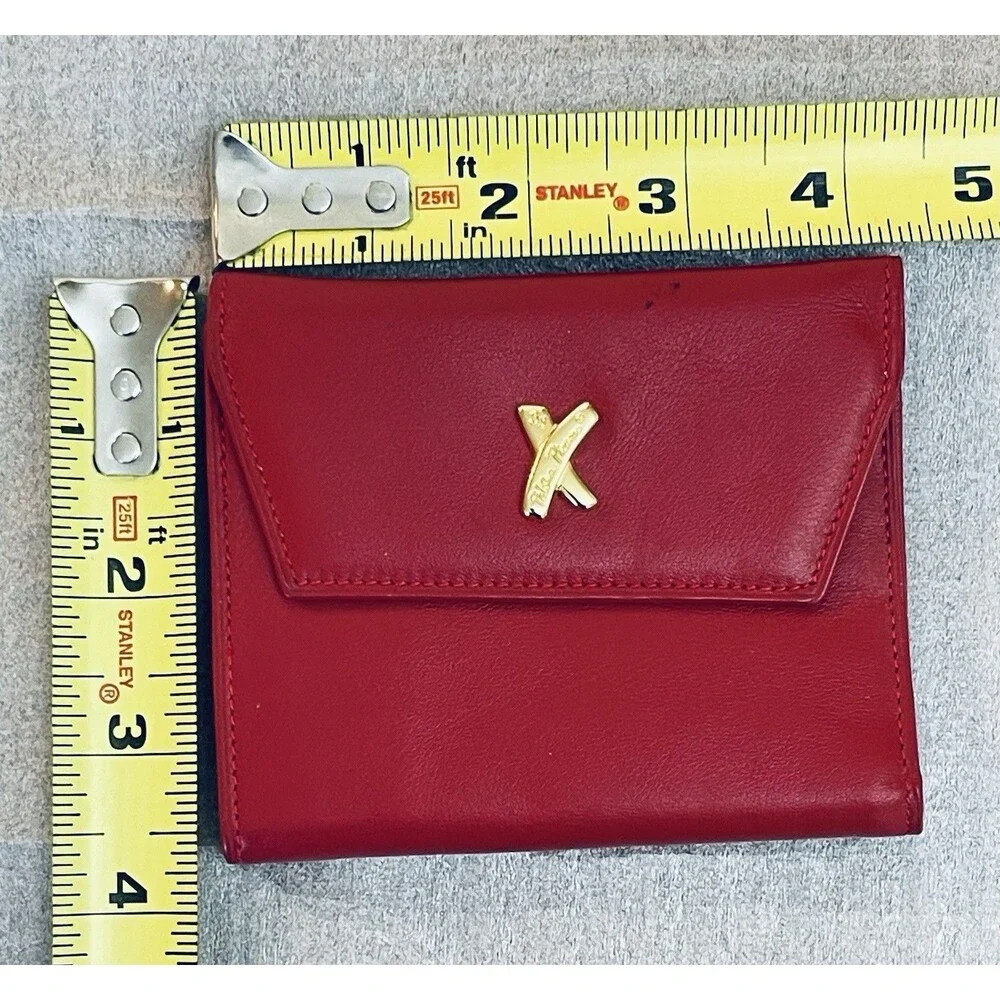 VTG Paloma Picasso Red Leather Trifold Wallet Gold X Logo Kiss Motif Italy